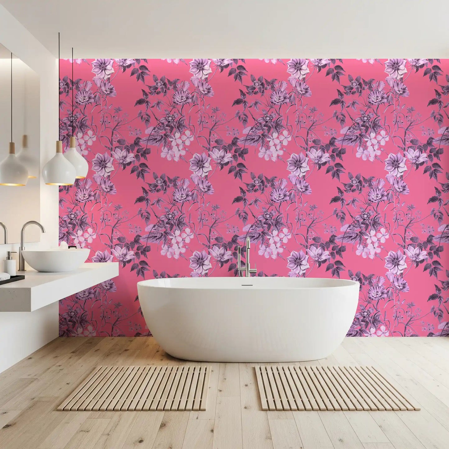 Bathroom styled in Fuchsia Garden Prints wallpaper with soft botanical linework
