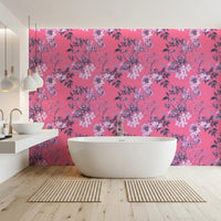 Bathroom styled in Fuchsia Garden Prints wallpaper with soft botanical linework