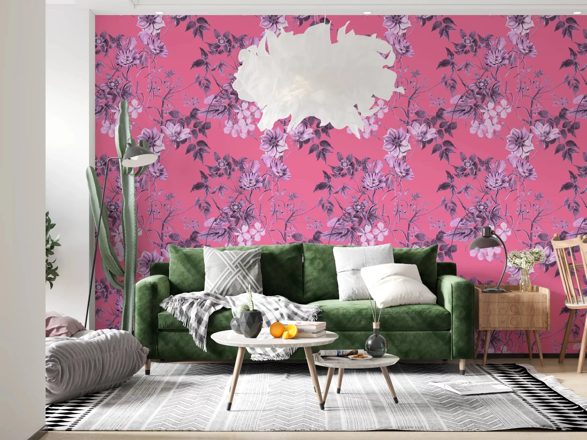 Vintage floral wallpaper with rich fuchsia ground and botanical sketch finish