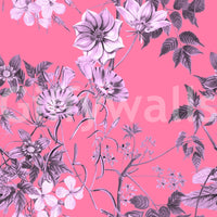 Fuchsia floral wallpaper with pale blossoms and layered botanical sketch detail