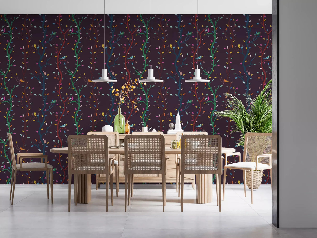 Dining room with Fuchsia Night Woodland Branches with Birds wallpaper detail