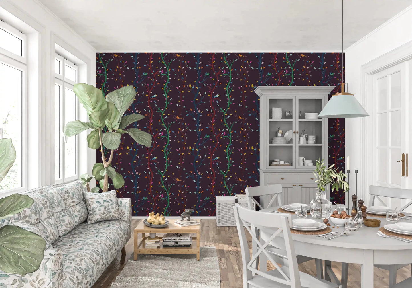 Hallway styled in Fuchsia Night Woodland Branches with Birds wallpaper design