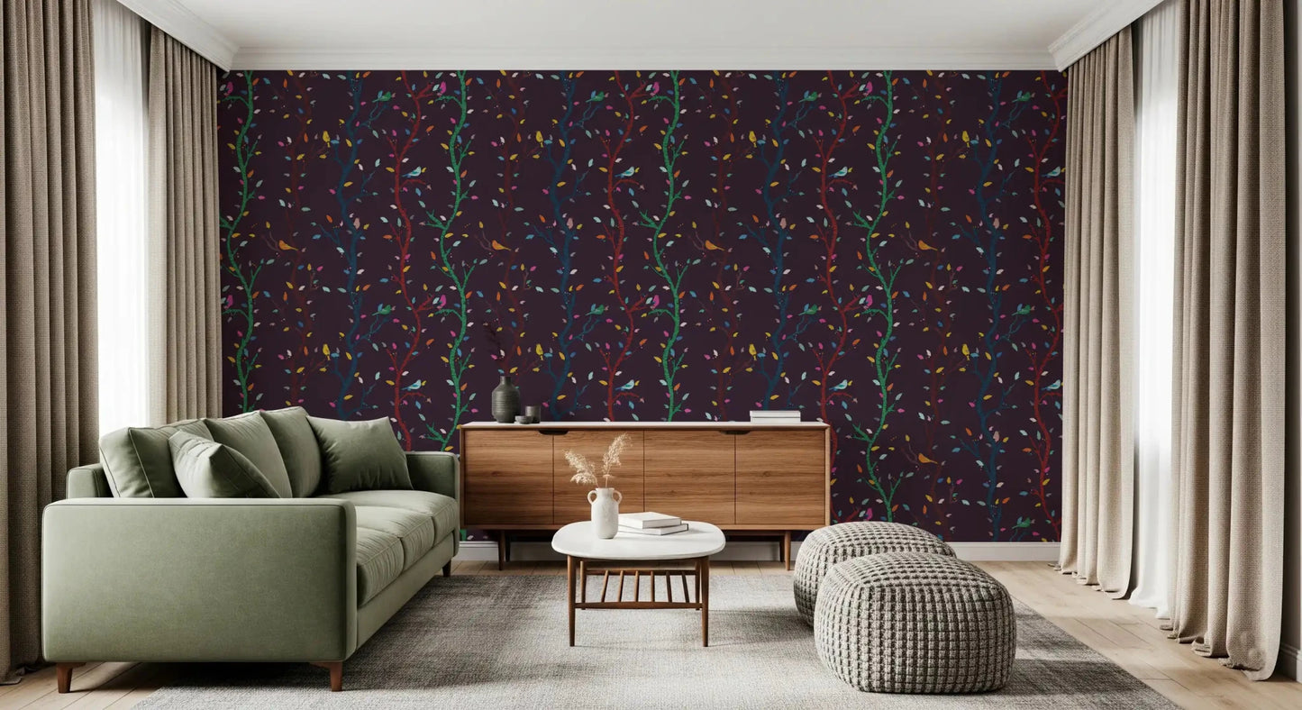 Living room Fuchsia Night Woodland Branches with Birds wallpaper with colorful trees