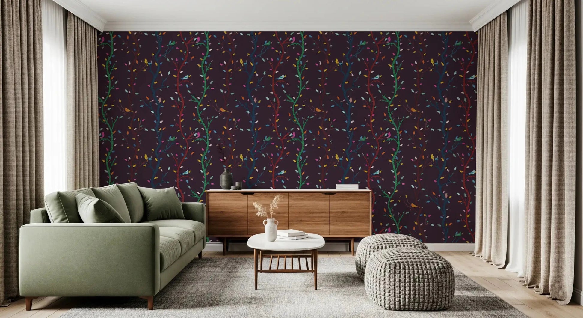 Living room Fuchsia Night Woodland Branches with Birds wallpaper with colorful trees
