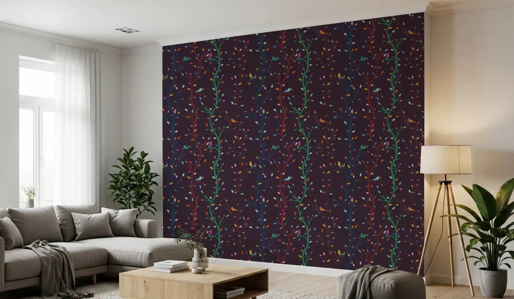 Hallway view of Fuchsia Night Woodland Branches with Birds wallpaper pattern