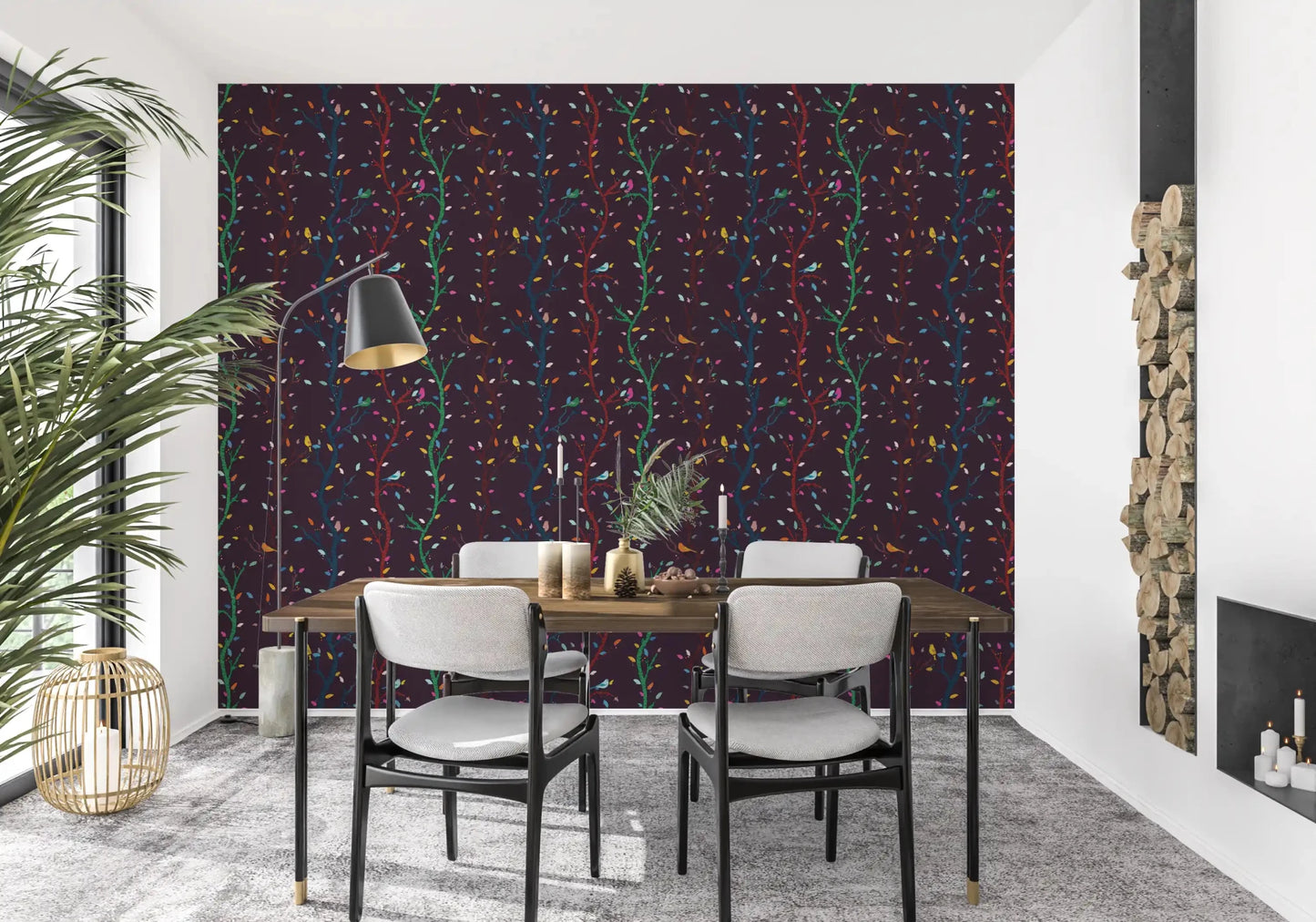 Dark plum bird wallpaper with playful leaves and curved woodland branches