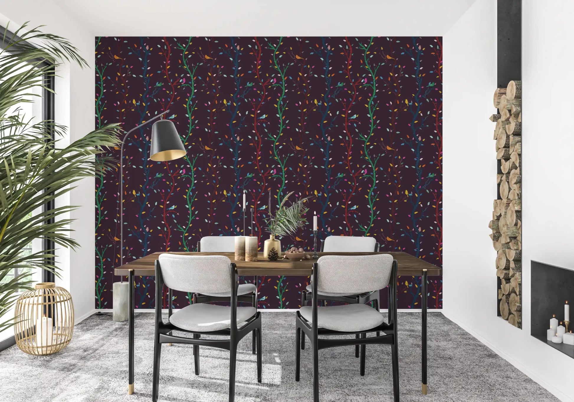 Dark plum bird wallpaper with playful leaves and curved woodland branches