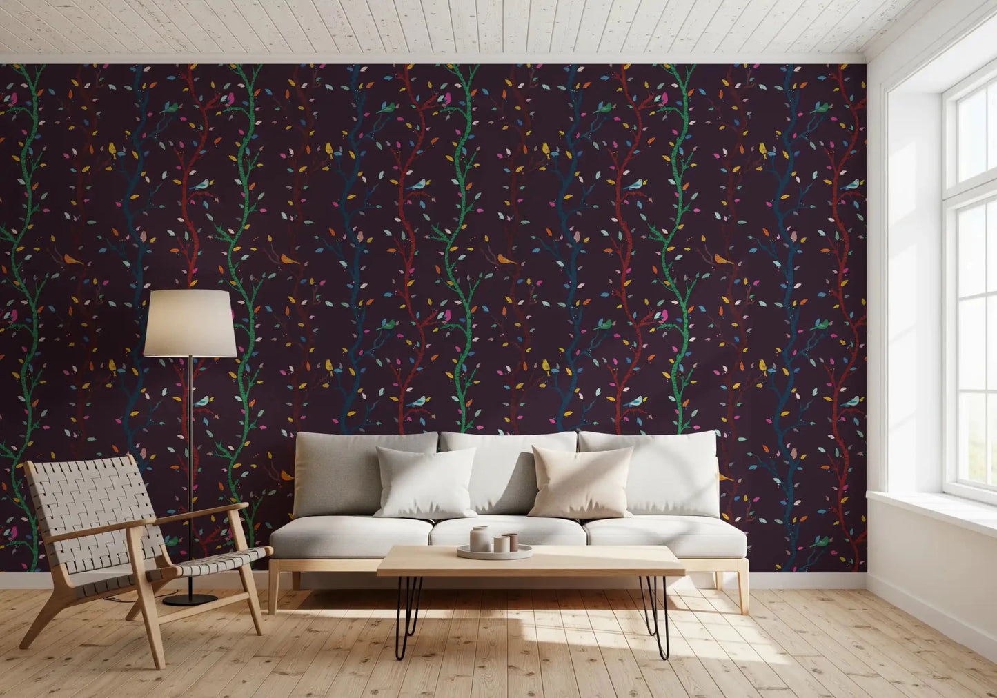 Night woodland wallpaper showing multicolor birds and tall branching trees