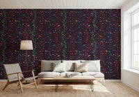 Night woodland wallpaper showing multicolor birds and tall branching trees
