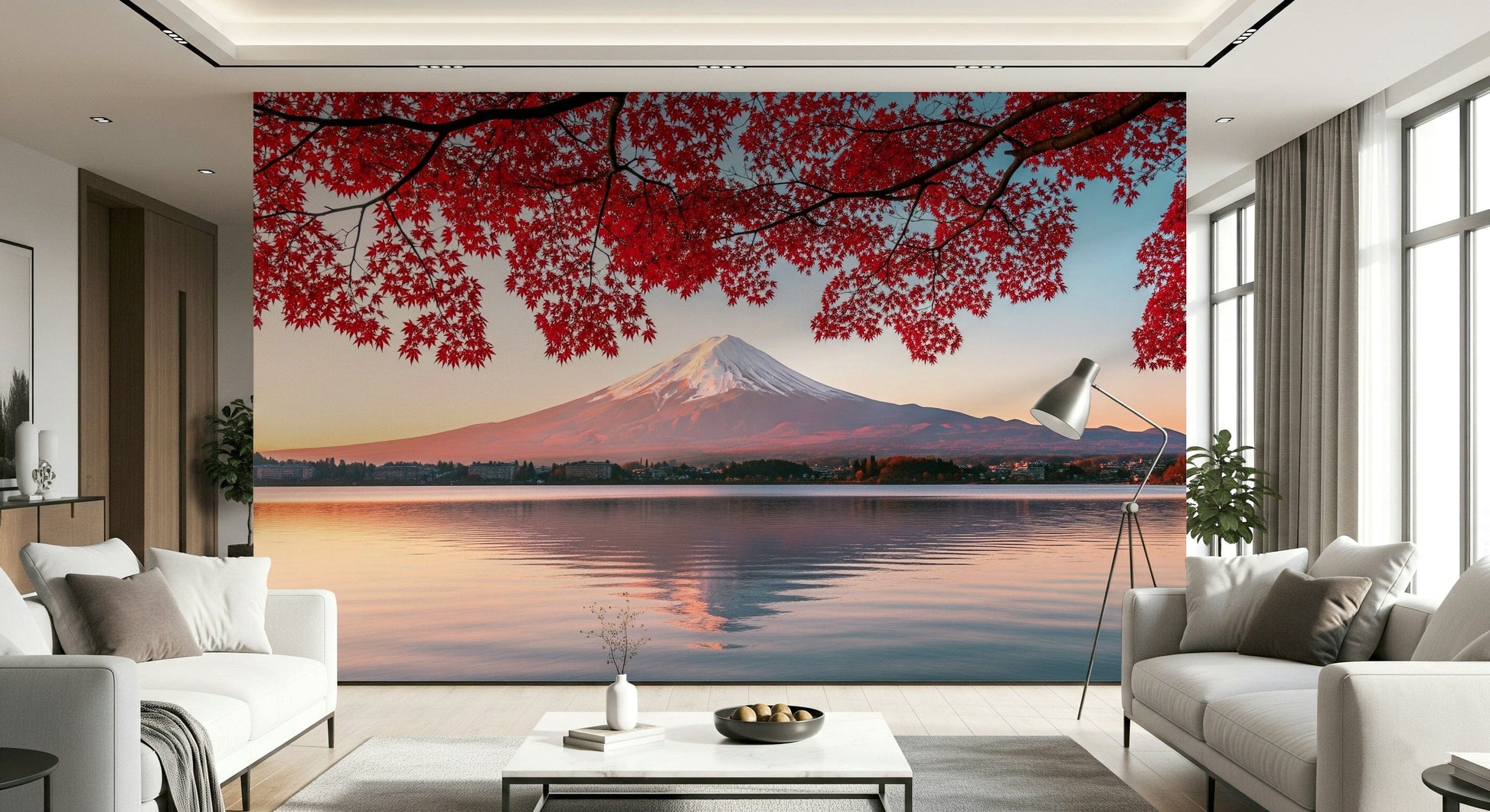 Autumnal mountain wallpaper with a calm lake reflection and red leaves.