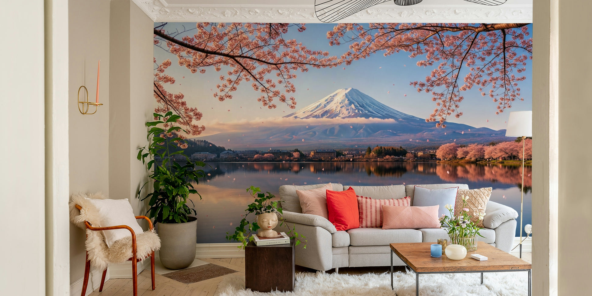 A peaceful Japanese garden mural on decorative wallpaper.

