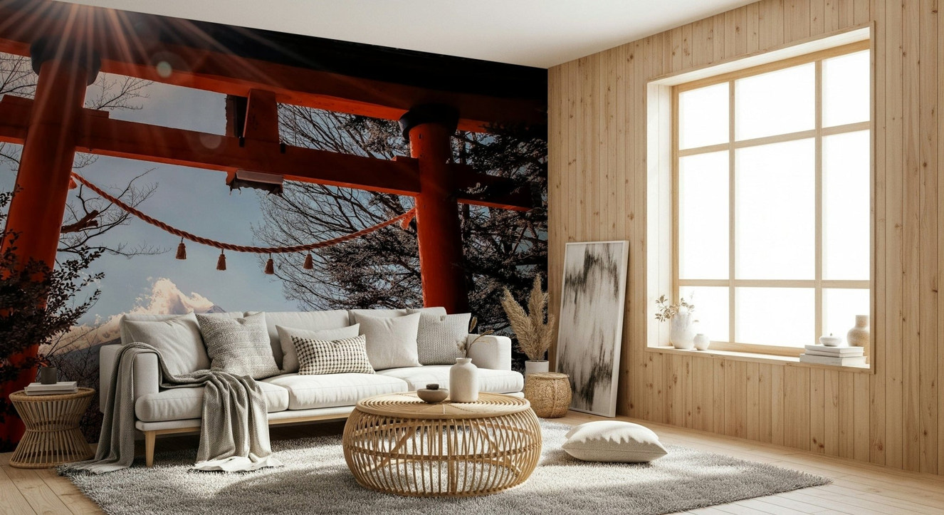 Fuji Gate Sunbeams wallpaper mural showing snowy mountain peaks.
