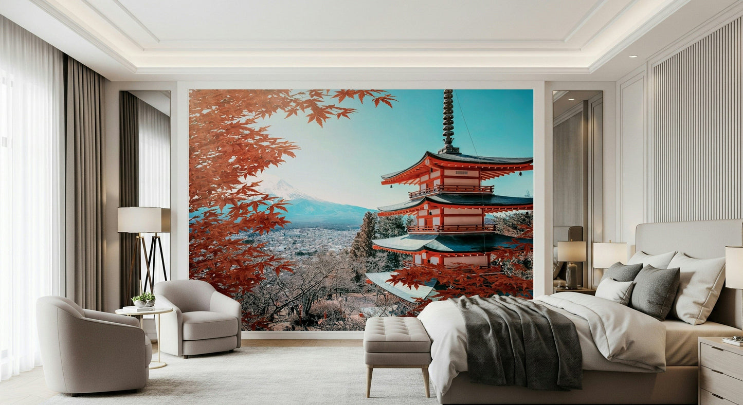 Large scale Fuji's Autumn Hues Wall Mural in a contemporary hallway setting.