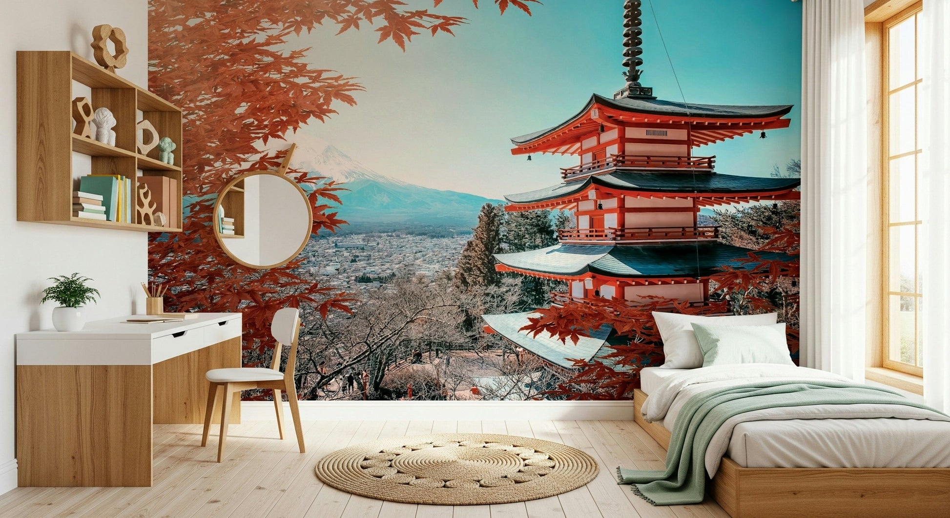 Fuji's Autumn Hues Wall Mural with soft warm lighting in a study area.