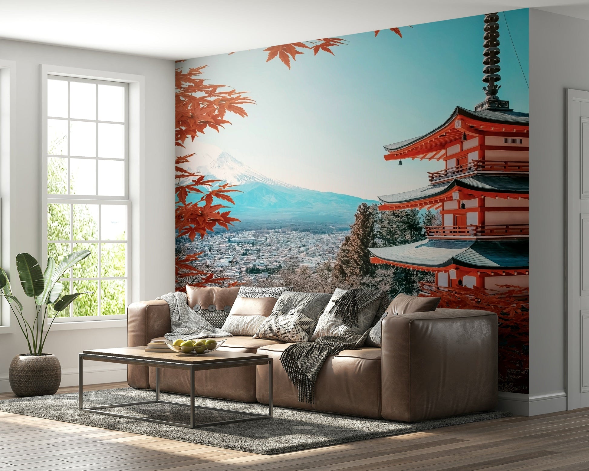 Guest room wall styling using the scenic Fuji's Autumn Hues Wall Mural.