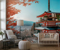 Fuji's Autumn Hues Wall Mural paired with indoor plants in a balcony room.