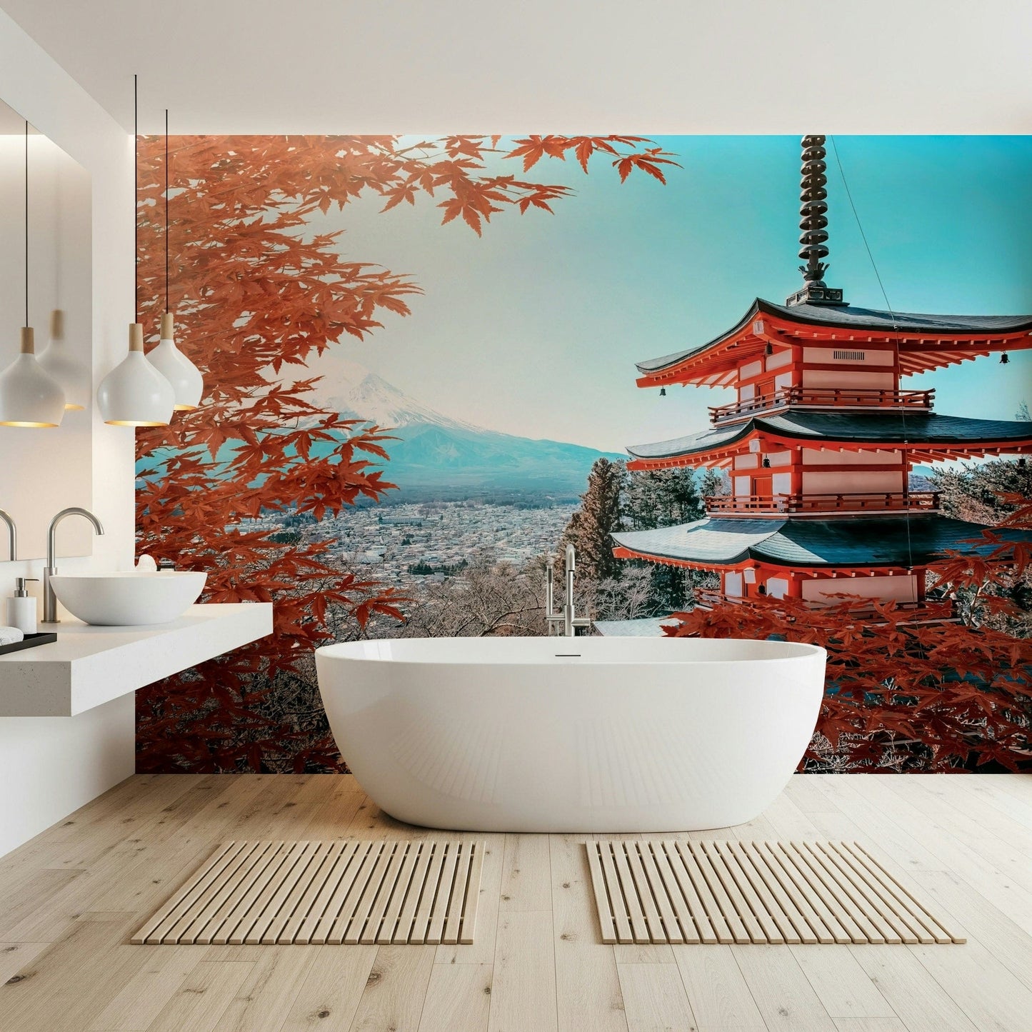 Master bedroom featuring Fuji's Autumn Hues Wall Mural as a peaceful backdrop.