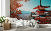 Modern dining area decorated with Fuji's Autumn Hues Wall Mural landscape art.