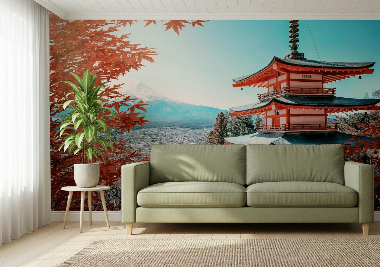 Fuji's Autumn Hues Wall Mural showcasing orange foliage and a mountain peak.