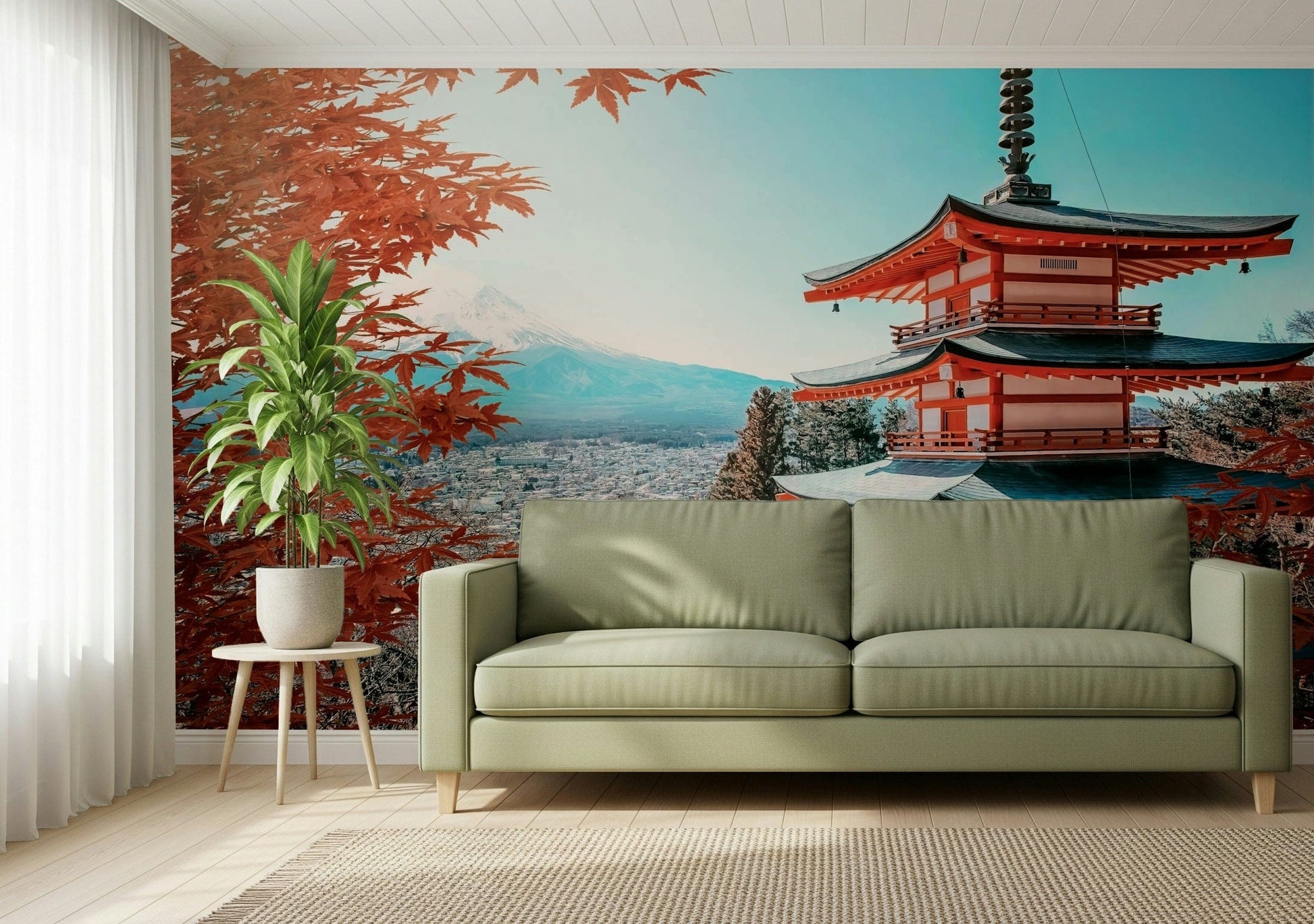 Fuji's Autumn Hues Wall Mural showcasing orange foliage and a mountain peak.