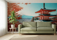 Fuji's Autumn Hues Wall Mural showcasing orange foliage and a mountain peak.