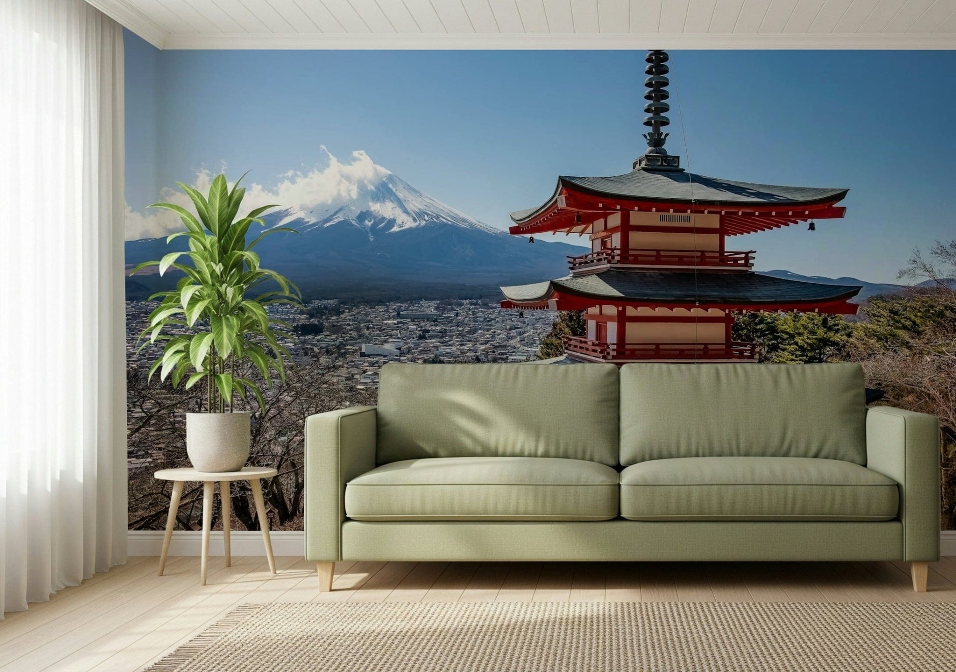 Scenic mountain wall mural Fuji Vista with red pagoda.