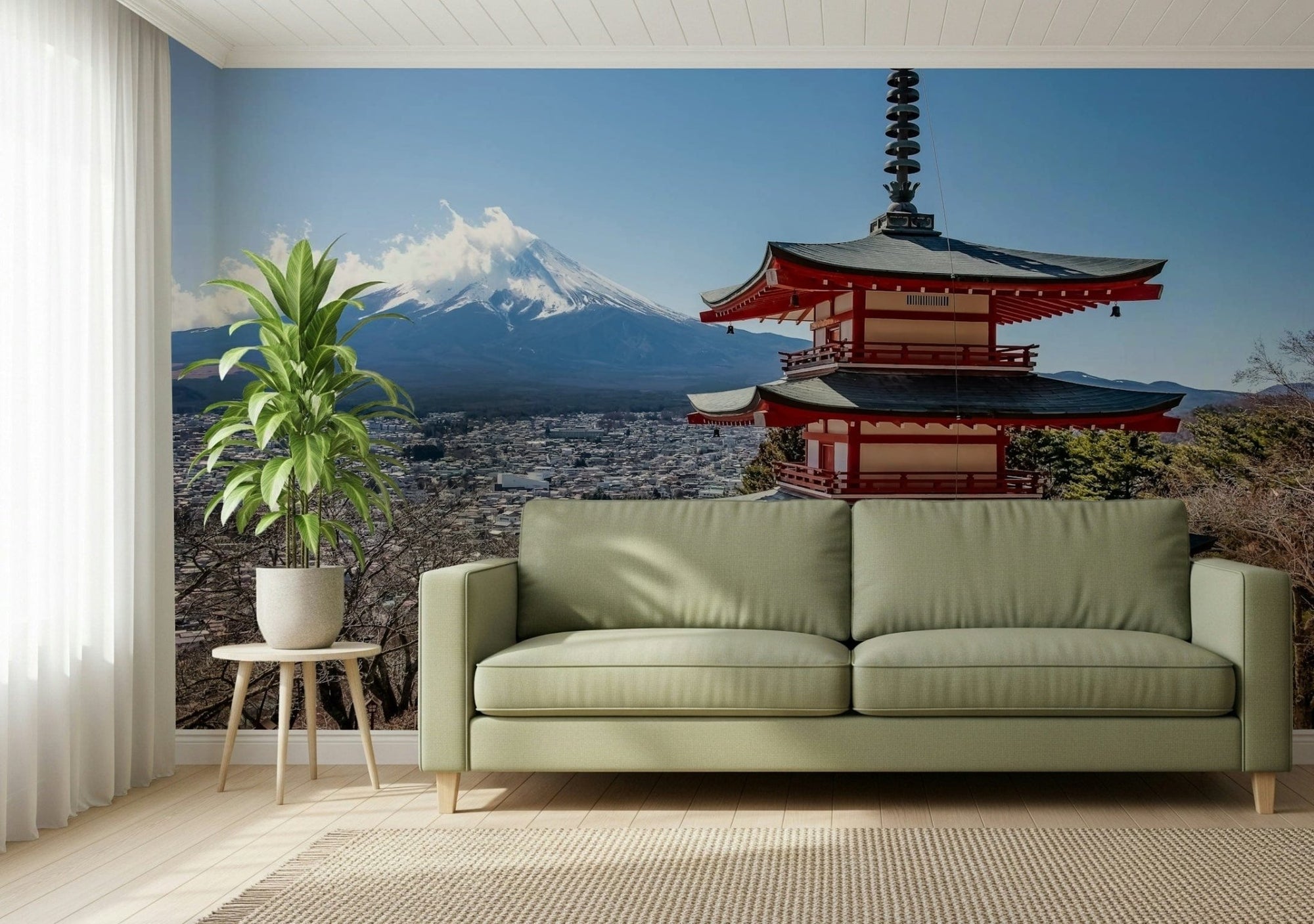 Scenic mountain wall mural Fuji Vista with red pagoda., GD7452