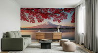 Detailed nature wall mural with bright crimson leaves and a blue sky.