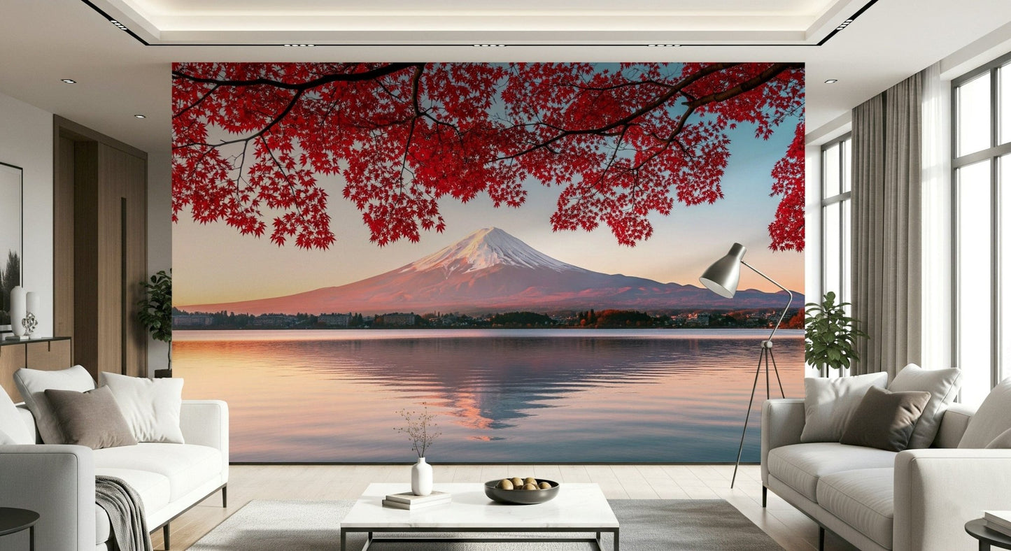 Autumnal mountain wallpaper with a calm lake reflection and red leaves.