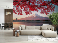 Fuji's autumn glow wall mural with vibrant red maple leaves and mountain.