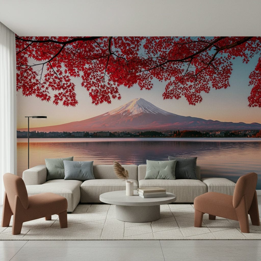 Vivid autumn glow wall mural with a minimalist mountain silhouette., GD7633