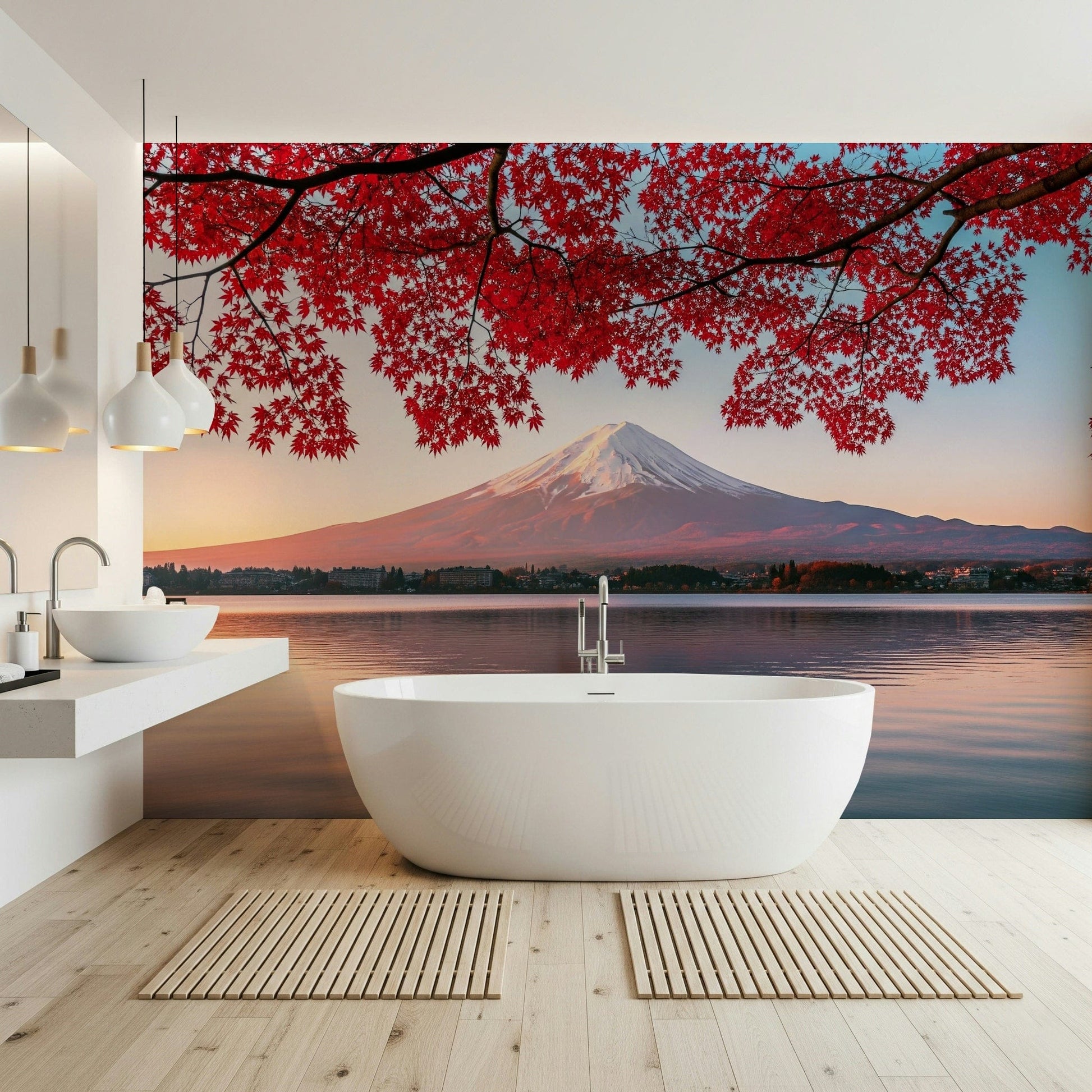 Scenic landscape wallpaper featuring a snow-capped peak and orange foliage.