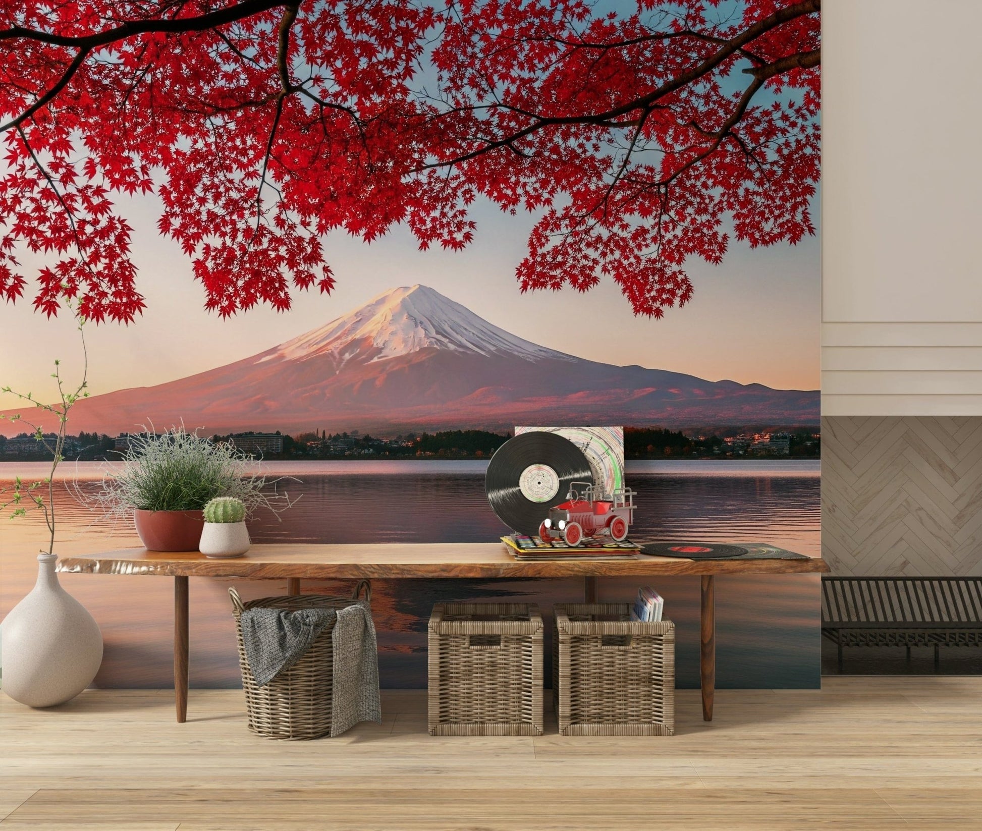 Fuji's autumn glow wall mural with a clear lake and fall tree branches.