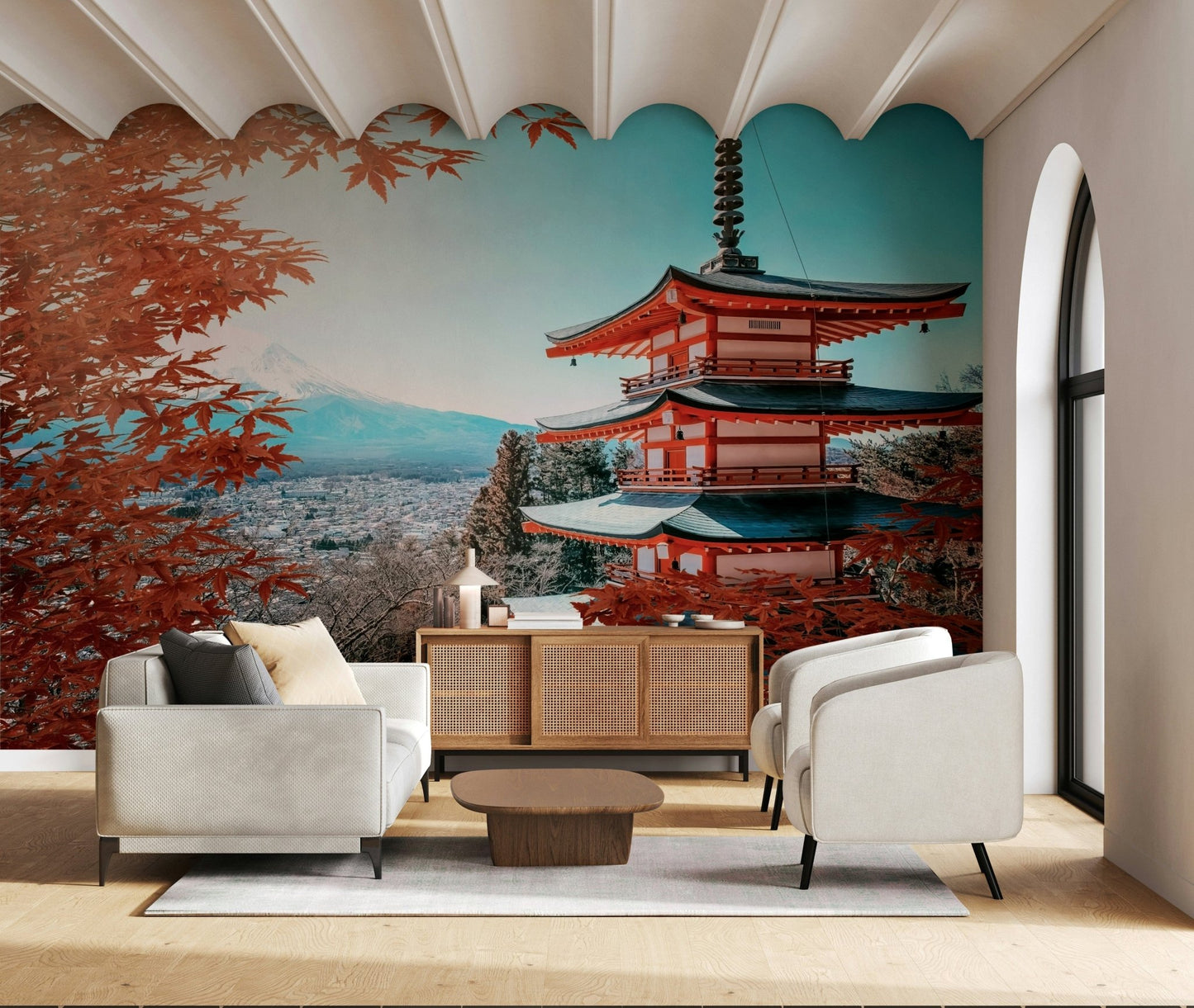 Vibrant red maple leaves Fuji's Autumn Hues Wall Mural behind a beige sofa set., GD7368