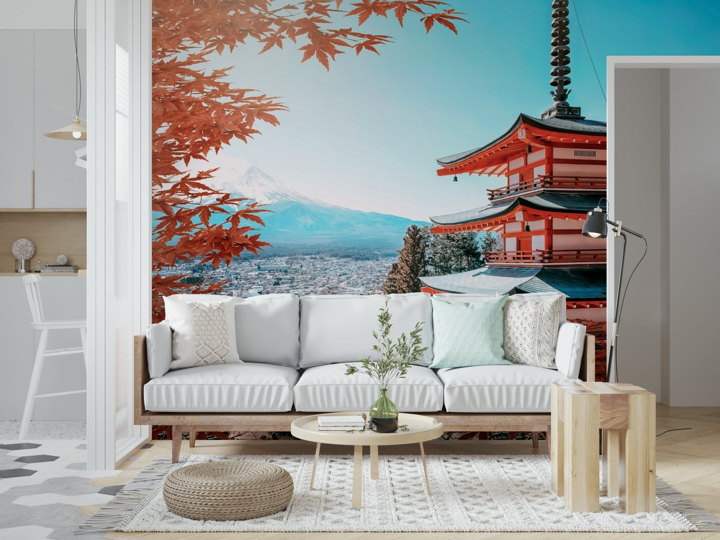Fuji's Autumn Hues Wall Mural in a minimalist living room with wooden furniture., GD7368