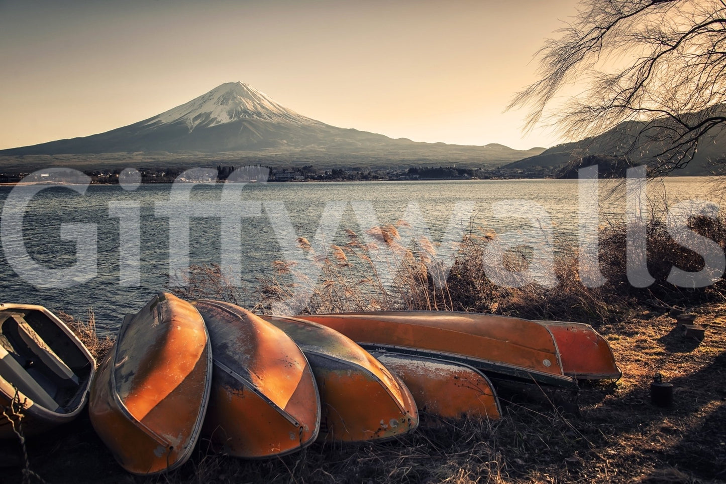 Fuji's Lakeside Calm wall mural showcasing a clear sky and calm lake.