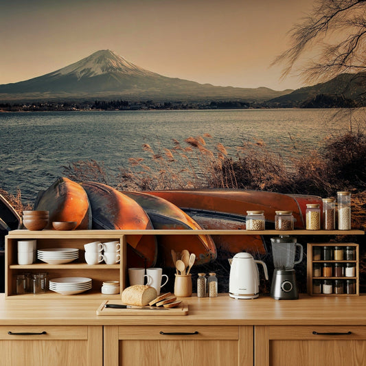 Zen atmosphere Fuji's Lakeside Calm wall mural for meditation rooms.