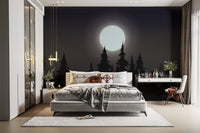 Pine silhouette wallpaper with bright moon
