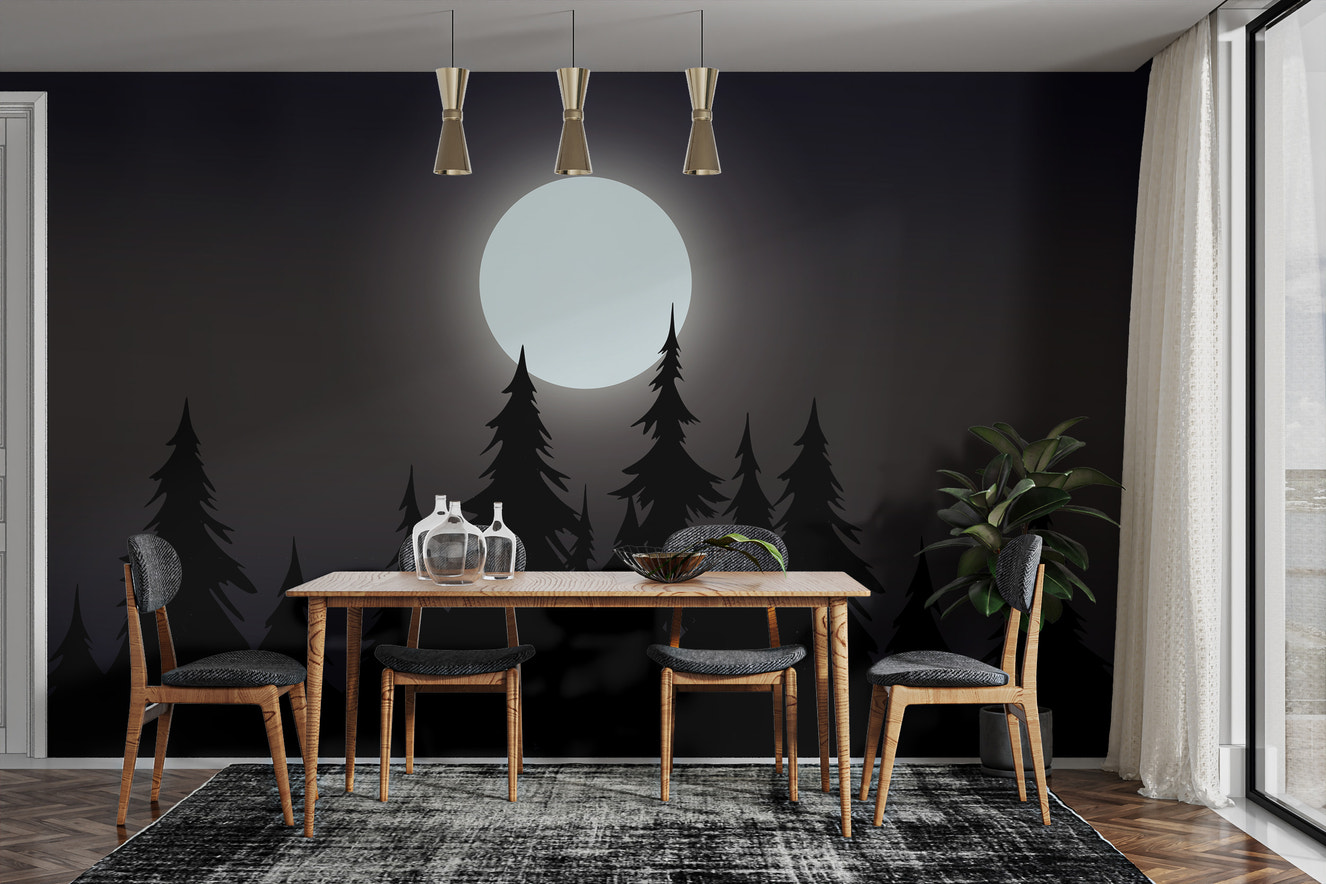 Full moon shining over pine forest wallpaper
