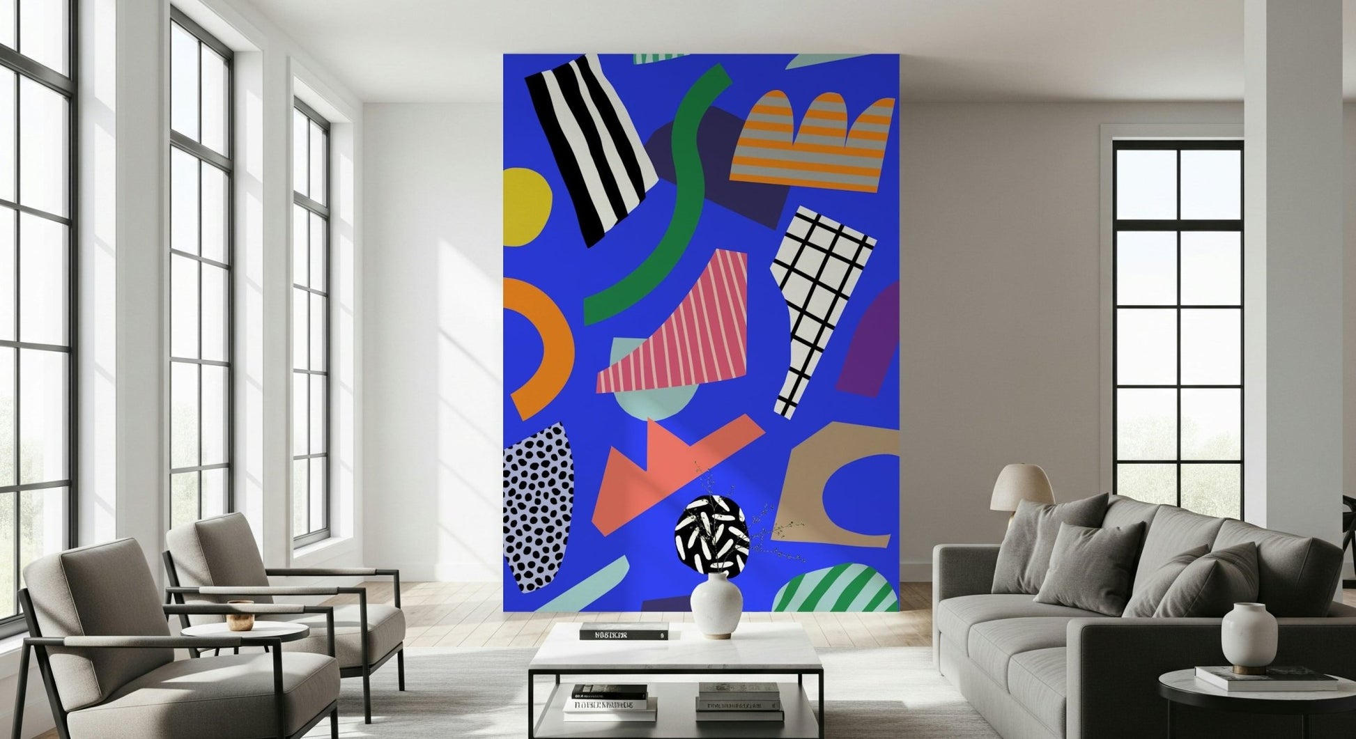 An artistic soft focus mural on minimalist wallpaper.