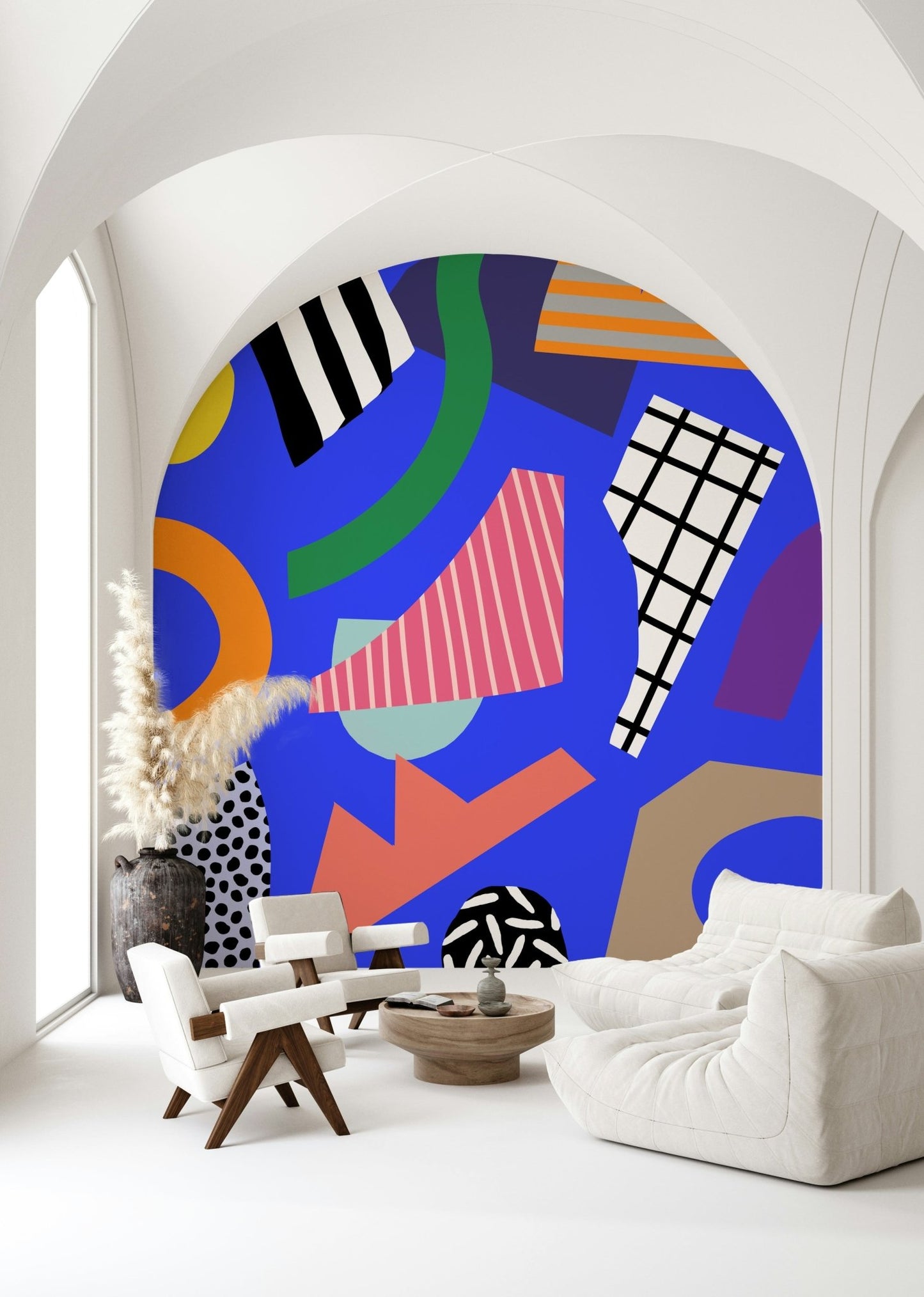A calming abstract design wallpaper mural that defines a space.