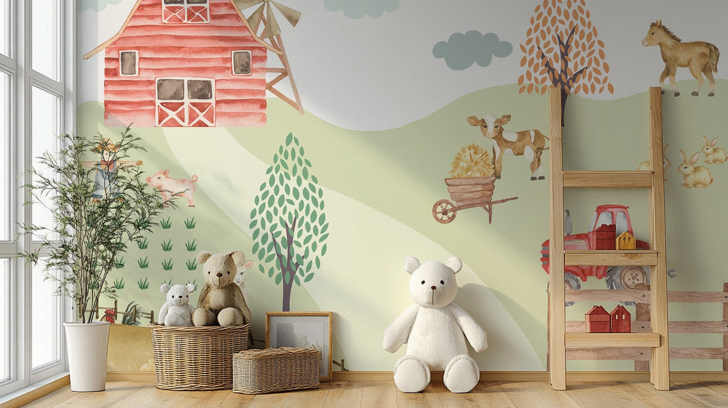 Whimsical red barn with farm animals in field