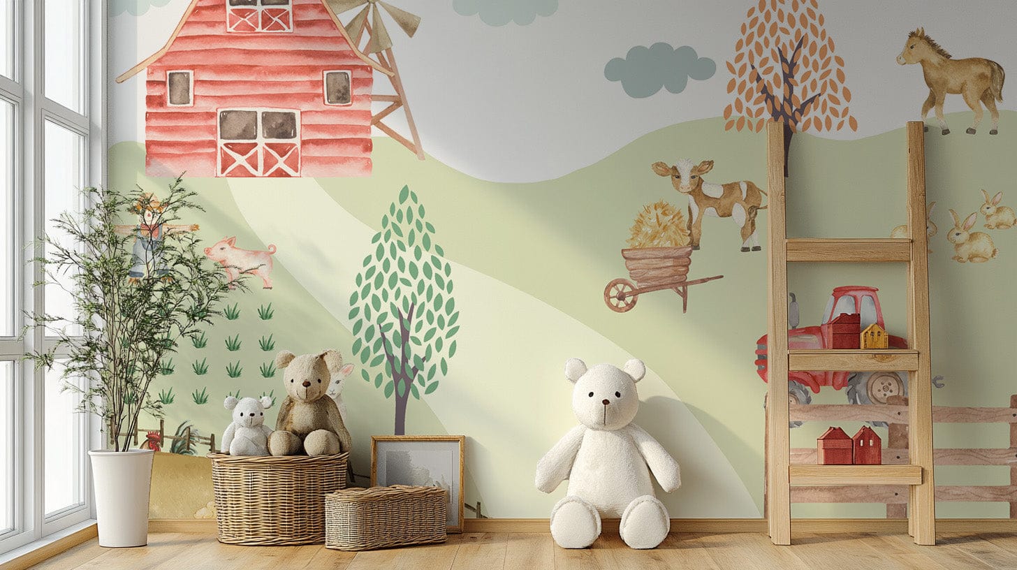 Whimsical red barn with farm animals in field C566