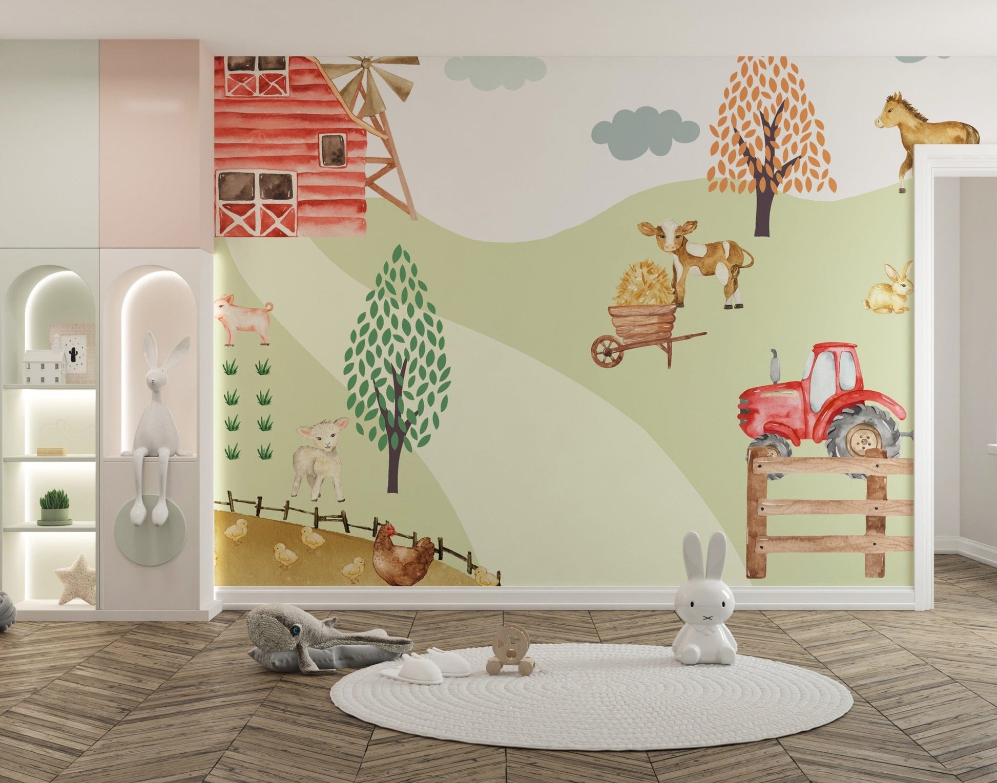 Cute scarecrow guarding crops and a pink pig