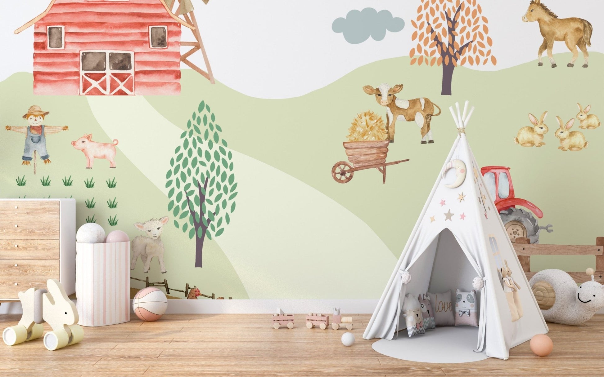 Bunnies resting under tree on sunny farm