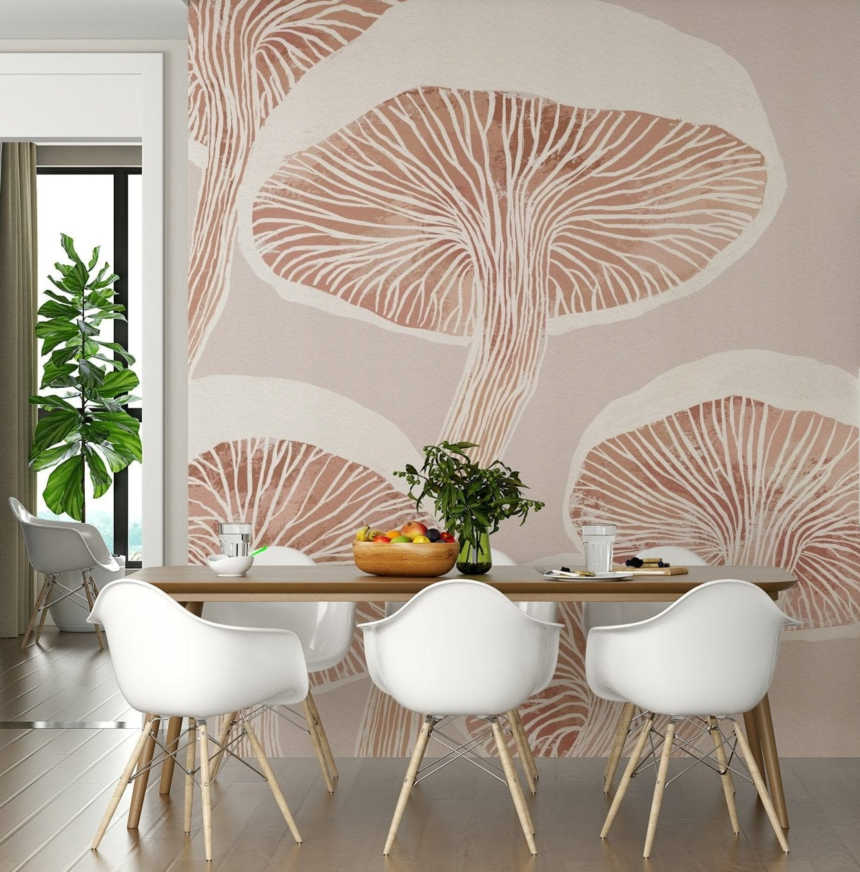 Compact breakfast nook styled with Fungi Forest Charm wall mural in earthy hues