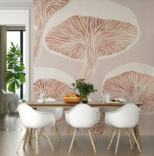 Compact breakfast nook styled with Fungi Forest Charm wall mural in earthy hues