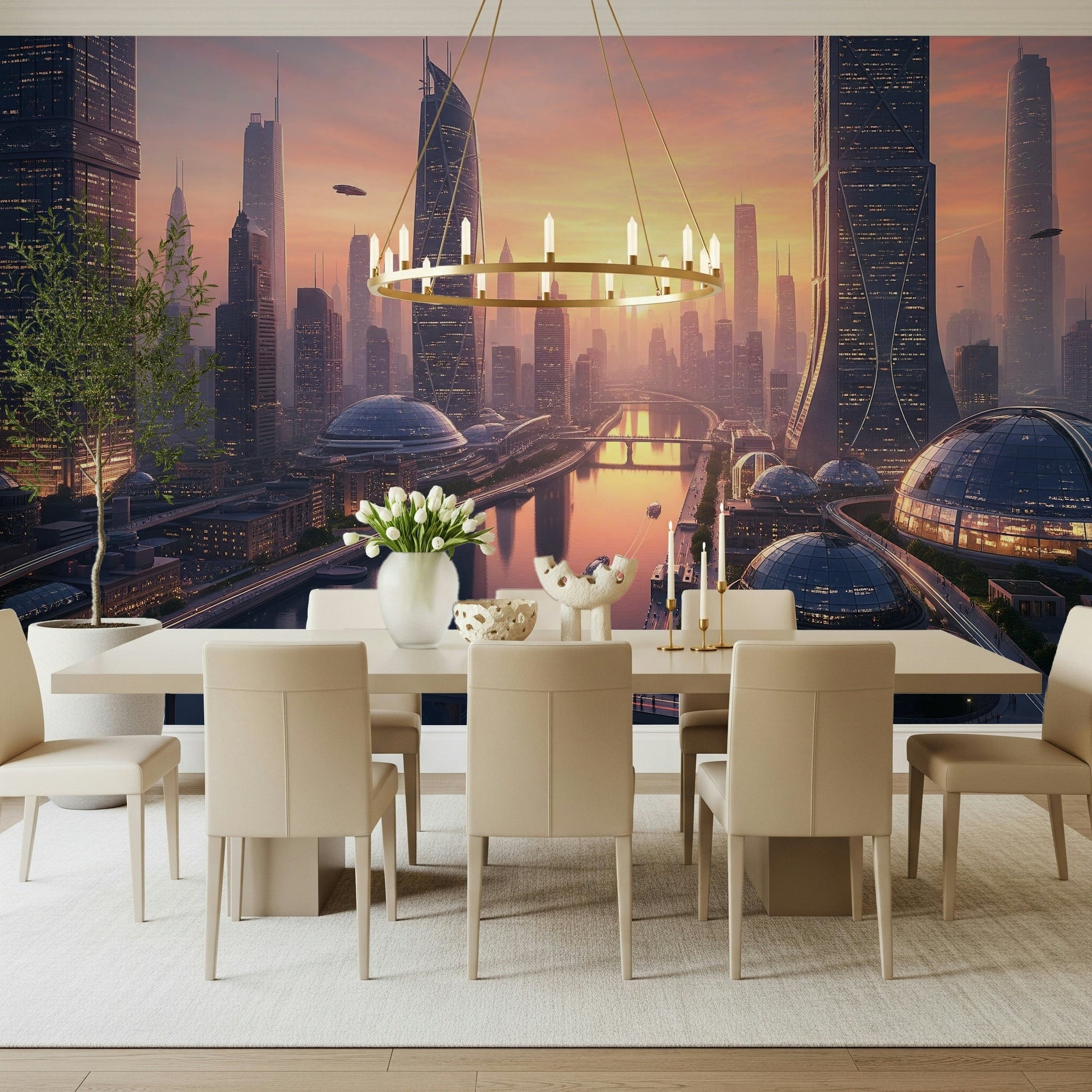 Future Metropolis wall mural for an industrial themed workspace.