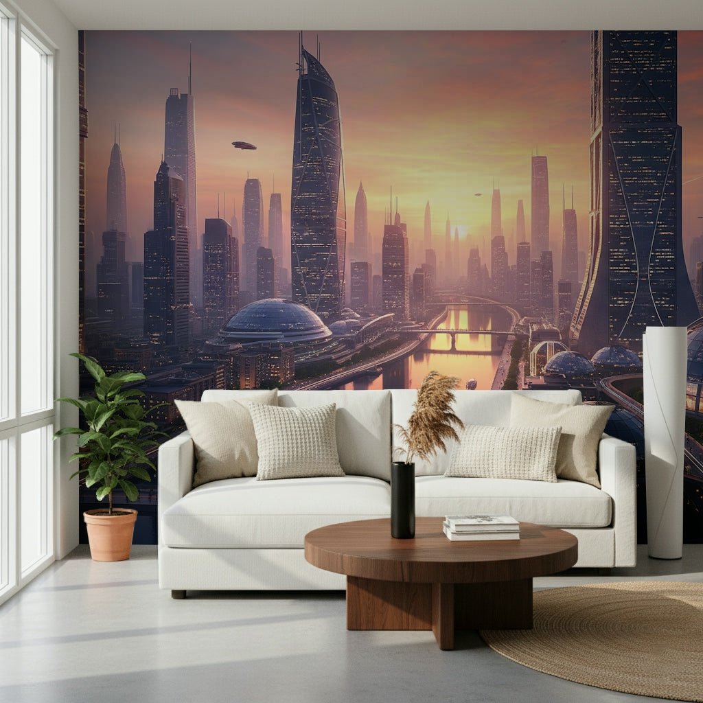 Future Metropolis wall mural behind a gaming desk setup.