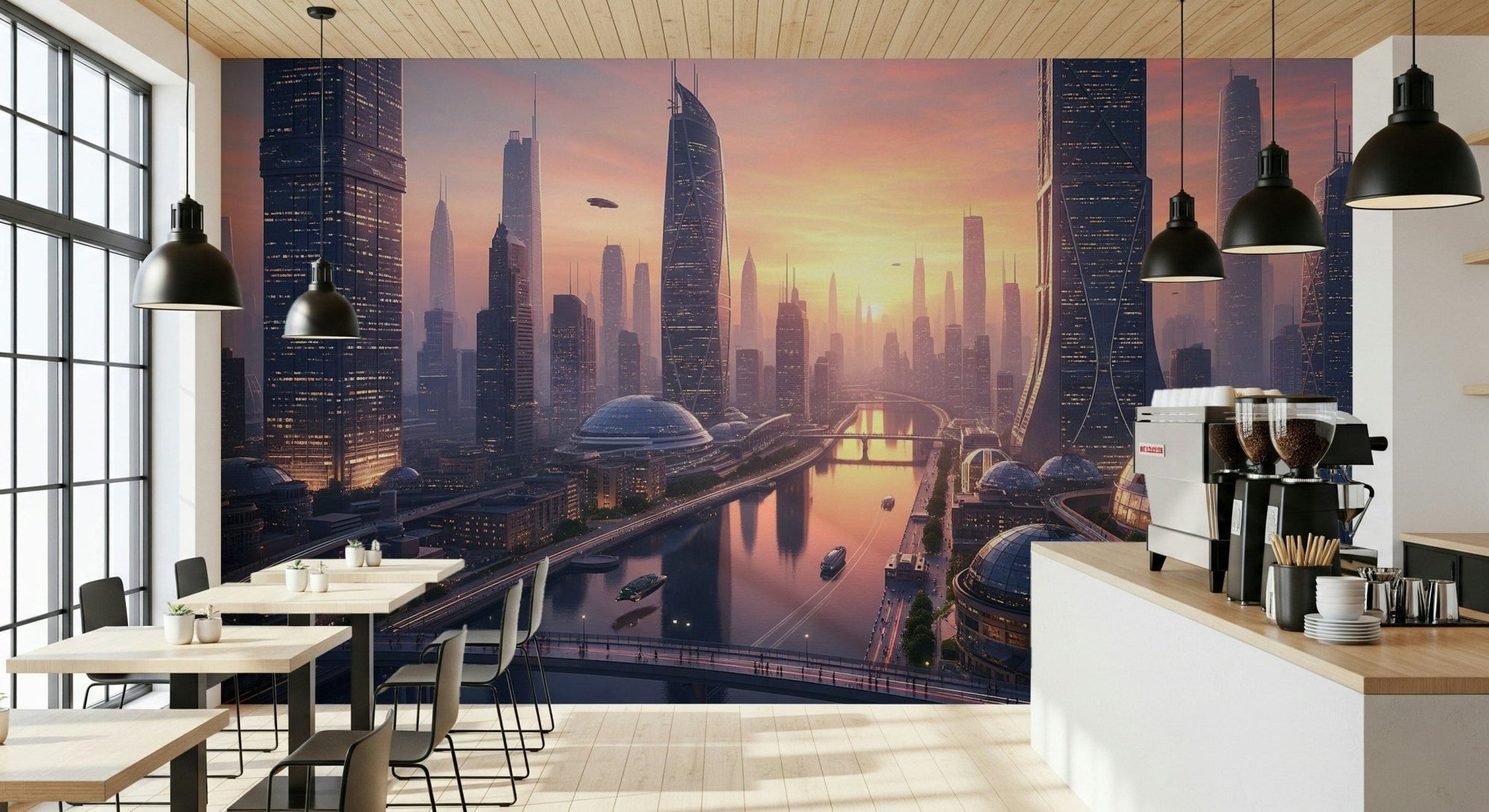 Future Metropolis wall mural in a modern living room setting., GD7828